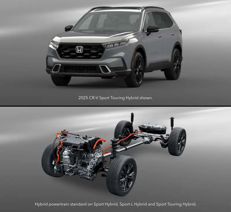 Hình ảnh động cơ Honda CR-V, bao gồm phiên bản xăng và hybrid, thể hiện sự đa dạng trong lựa chọn.